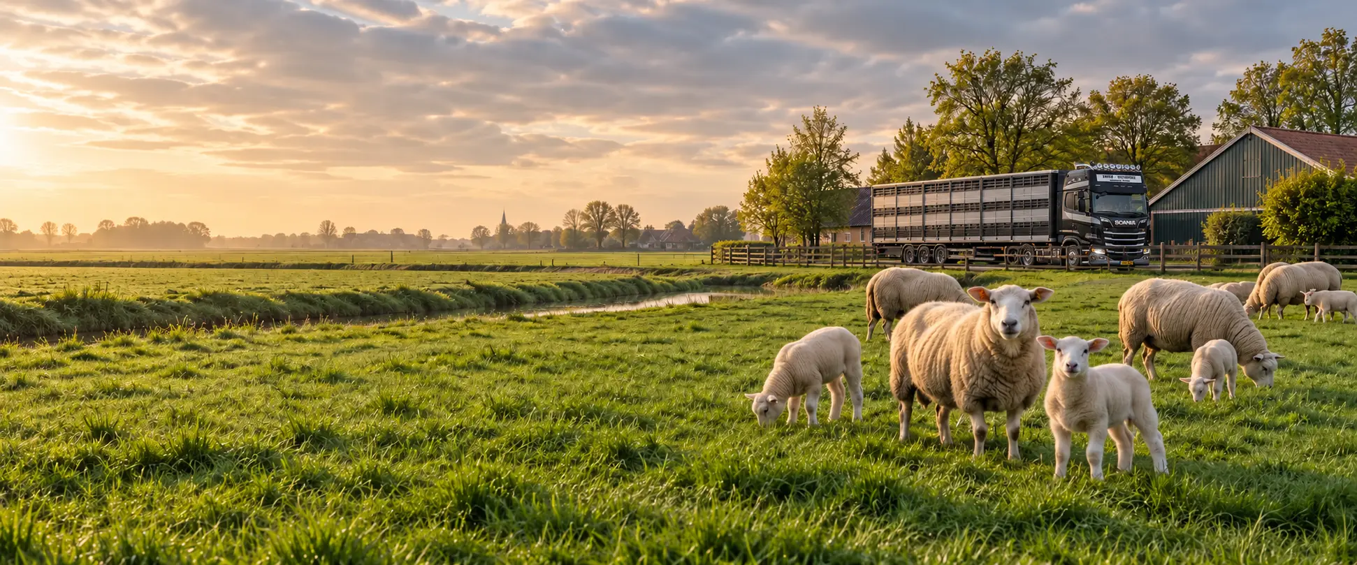 Schapen en lammeren in een Nederlands weiland bij de veetransportwagen van Klaas Swier